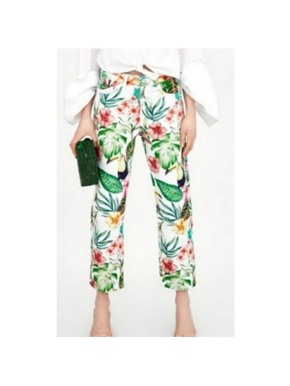 Zara White Tropical Crop Pants with Green & Pink Print small